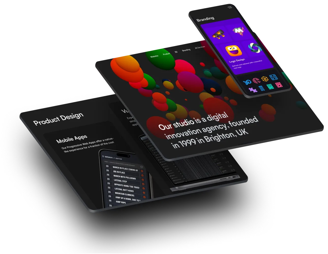 Screens showing phone, tablet and desktop views of Happy Taps
